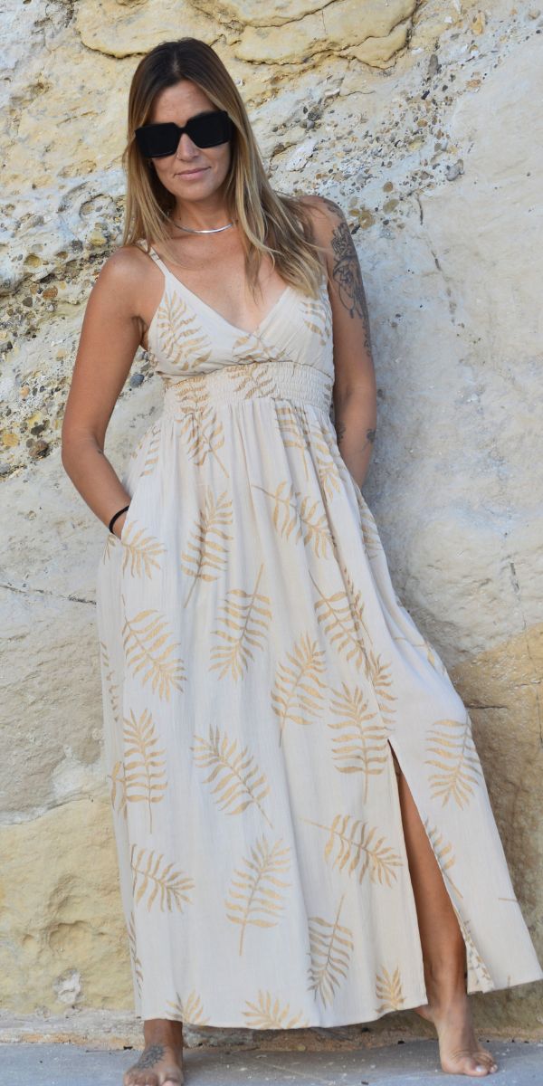 08106-B LONG BEIGE GOLD DRESS